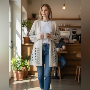 Frye Cream and Gray Open-Front Patterned Knit Cardigan